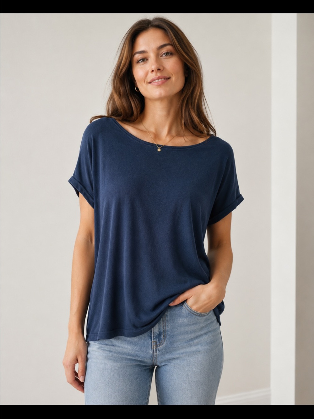 bobeau Navy Ribbed Knit Crewneck Top